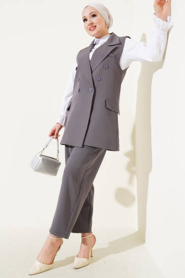 Kruvaze Yaka Yelekli İkili Takım Füme - İkili Takım