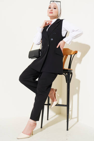 Kruvaze Yaka Yelekli İkili Takım Siyah - İkili Takım