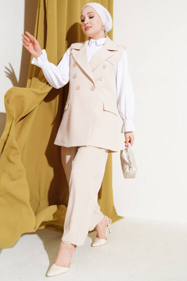 Kruvaze Yaka Yelekli İkili Takım Taş - İkili Takım