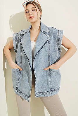 Kruvaze Yaka Zımbalı Kot Ceket Kot Mavisi - Kadın Giyim Modelleri