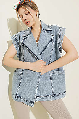 Kruvaze Yaka Zımbalı Kot Ceket Kot Mavisi - Kadın Giyim Modelleri