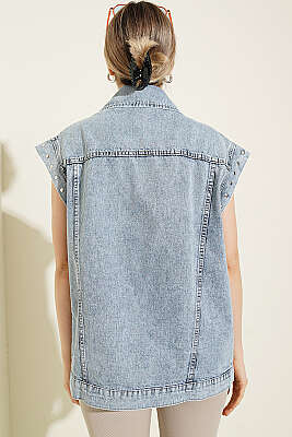 Kruvaze Yaka Zımbalı Kot Ceket Kot Mavisi - Kadın Giyim Modelleri