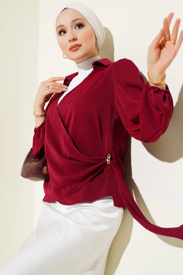 Kruvaze Yaka Zincir Detaylı Bluz Bordo - Bluz