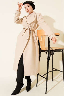 Kruvaze Yakalı Kuşaklı Uzun Kaşe Kaban Bej 