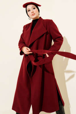 Kruvaze Yakalı Kuşaklı Uzun Kaşe Kaban Bordo - Kaban