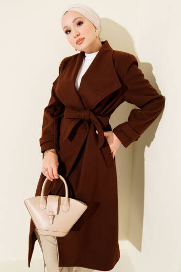 Kruvaze Yakalı Kuşaklı Uzun Kaşe Kaban Kahve - Kaban