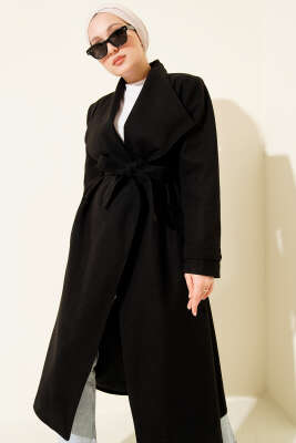 Kruvaze Yakalı Kuşaklı Uzun Kaşe Kaban Siyah - BERAT TEKSTİL