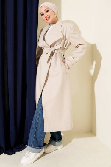 Kruvaze Yakalı Kuşaklı Uzun Kaşe Kaban Taş - Kaban