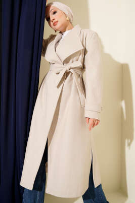 Kruvaze Yakalı Kuşaklı Uzun Kaşe Kaban Taş - Kaban