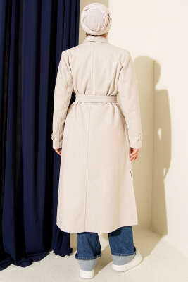 Kruvaze Yakalı Kuşaklı Uzun Kaşe Kaban Taş - Kaban