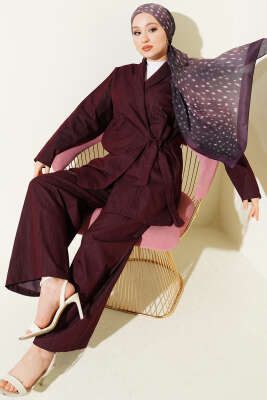 Kruvaze Yandan Bağlamalı Kot İkili Takım Bordo - HATUN