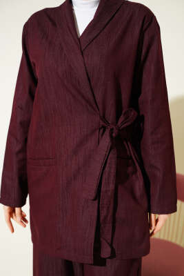 Kruvaze Yandan Bağlamalı Kot İkili Takım Bordo - İkili Takım