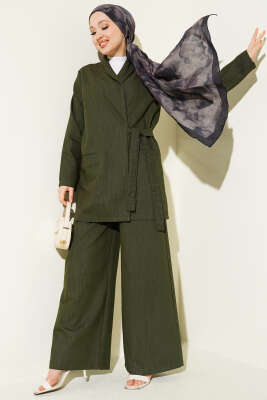 Kruvaze Yandan Bağlamalı Kot İkili Takım Haki - HATUN