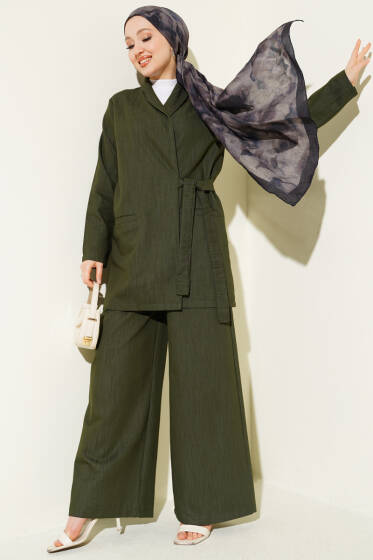Kruvaze Yandan Bağlamalı Kot İkili Takım Haki - İkili Takım