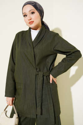 Kruvaze Yandan Bağlamalı Kot İkili Takım Haki - İkili Takım