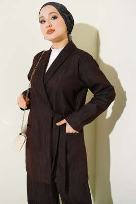 Kruvaze Yandan Bağlamalı Kot İkili Takım Kahve - HATUN