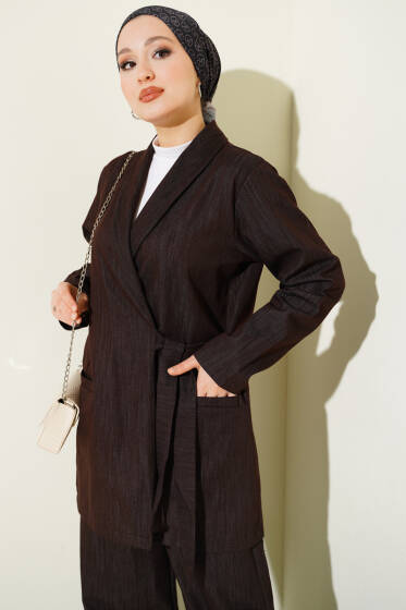 Kruvaze Yandan Bağlamalı Kot İkili Takım Kahve - İkili Takım