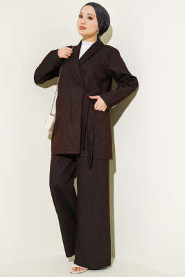 Kruvaze Yandan Bağlamalı Kot İkili Takım Kahve - İkili Takım