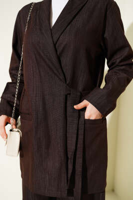 Kruvaze Yandan Bağlamalı Kot İkili Takım Kahve - İkili Takım