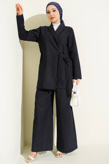 Kruvaze Yandan Bağlamalı Kot İkili Takım Lacivert - İkili Takım