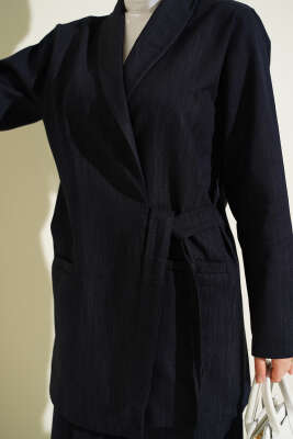 Kruvaze Yandan Bağlamalı Kot İkili Takım Lacivert - İkili Takım