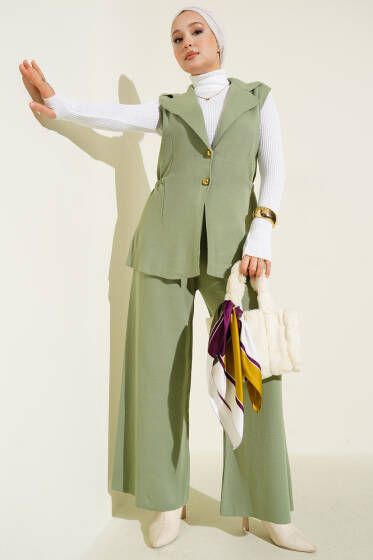 Kruvaze Yelekli İkili Triko Takım Çağla Yeşili - İkili Takım