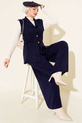 Kruvaze Yelekli İkili Triko Takım Lacivert 