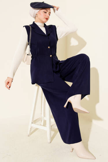 Kruvaze Yelekli İkili Triko Takım Lacivert - İkili Takım