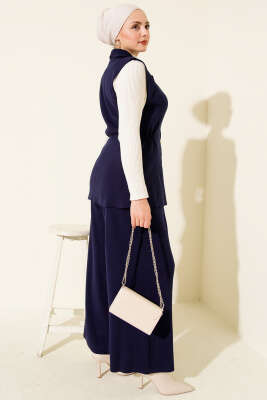 Kruvaze Yelekli İkili Triko Takım Lacivert - İkili Takım