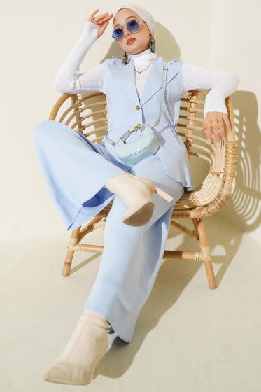 Kruvaze Yelekli İkili Triko Takım Mavi - İkili Takım