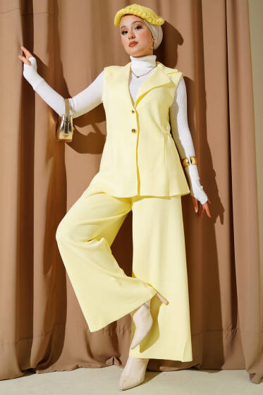 Kruvaze Yelekli İkili Triko Takım Sarı - İkili Takım