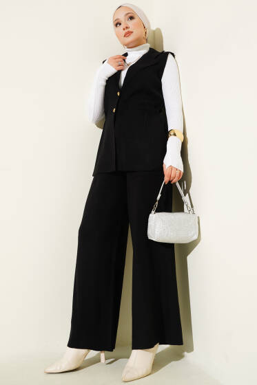 Kruvaze Yelekli İkili Triko Takım Siyah - İkili Takım