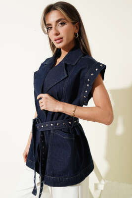 Kruzvaze Yaka Kuşaklı Ceket Lacivert - LEVURE