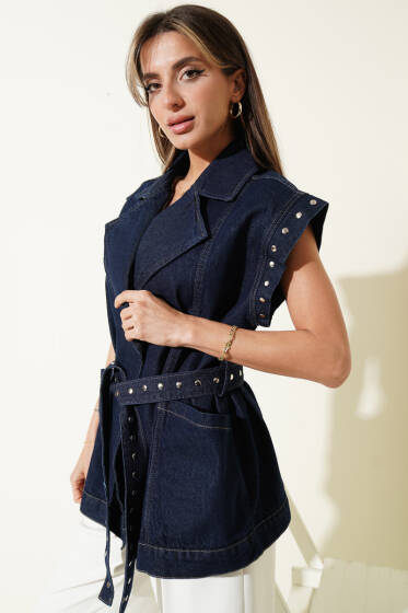 Kruzvaze Yaka Kuşaklı Ceket Lacivert - Kadın Giyim Modelleri