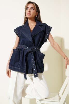 Kruzvaze Yaka Kuşaklı Ceket Lacivert - Kadın Giyim Modelleri