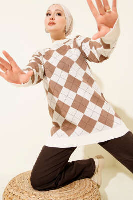 Küçük Baklava Desenli Triko Tunik Bej - NOVALÜX