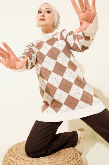 Küçük Baklava Desenli Triko Tunik Bej - Tunik