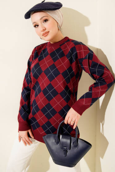 Küçük Baklava Desenli Triko Tunik Bordo - Tunik