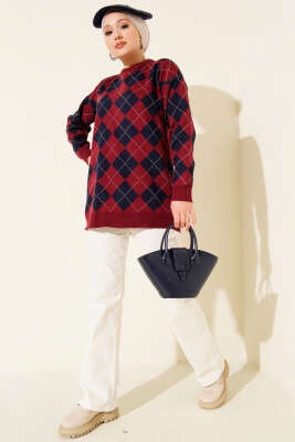 Küçük Baklava Desenli Triko Tunik Bordo - Tunik