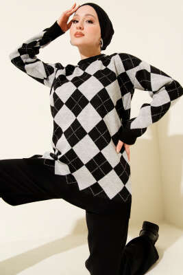 Küçük Baklava Desenli Triko Tunik Gri - NOVALÜX