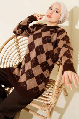 Küçük Baklava Desenli Triko Tunik Kahve - NOVALÜX