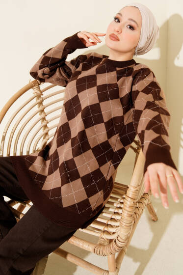 Küçük Baklava Desenli Triko Tunik Kahve - Tunik