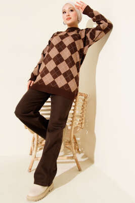 Küçük Baklava Desenli Triko Tunik Kahve - Tunik