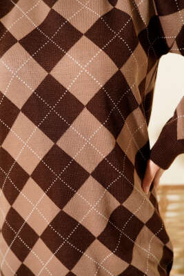 Küçük Baklava Desenli Triko Tunik Kahve - Tunik