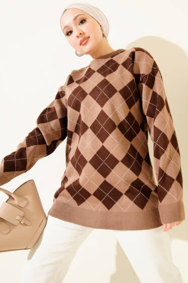 Küçük Baklava Desenli Triko Tunik Latte - Tunik