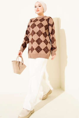 Küçük Baklava Desenli Triko Tunik Latte - Tunik