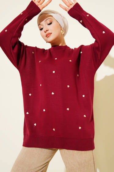 Küçük Kalp Nakışlı Triko Kazak Bordo - 100-300 TL Ürünler