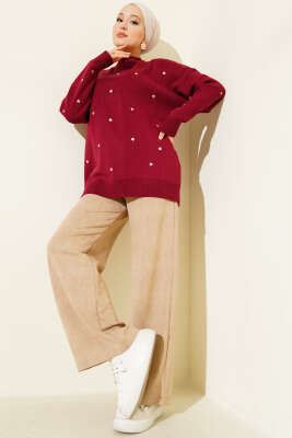 Küçük Kalp Nakışlı Triko Kazak Bordo - Yılın Fırsatı