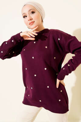 Küçük Kalp Nakışlı Triko Kazak Mor - NOVALÜX