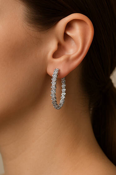 Küçük Taş Detaylı Halka Küpe Gümüş - Küpe